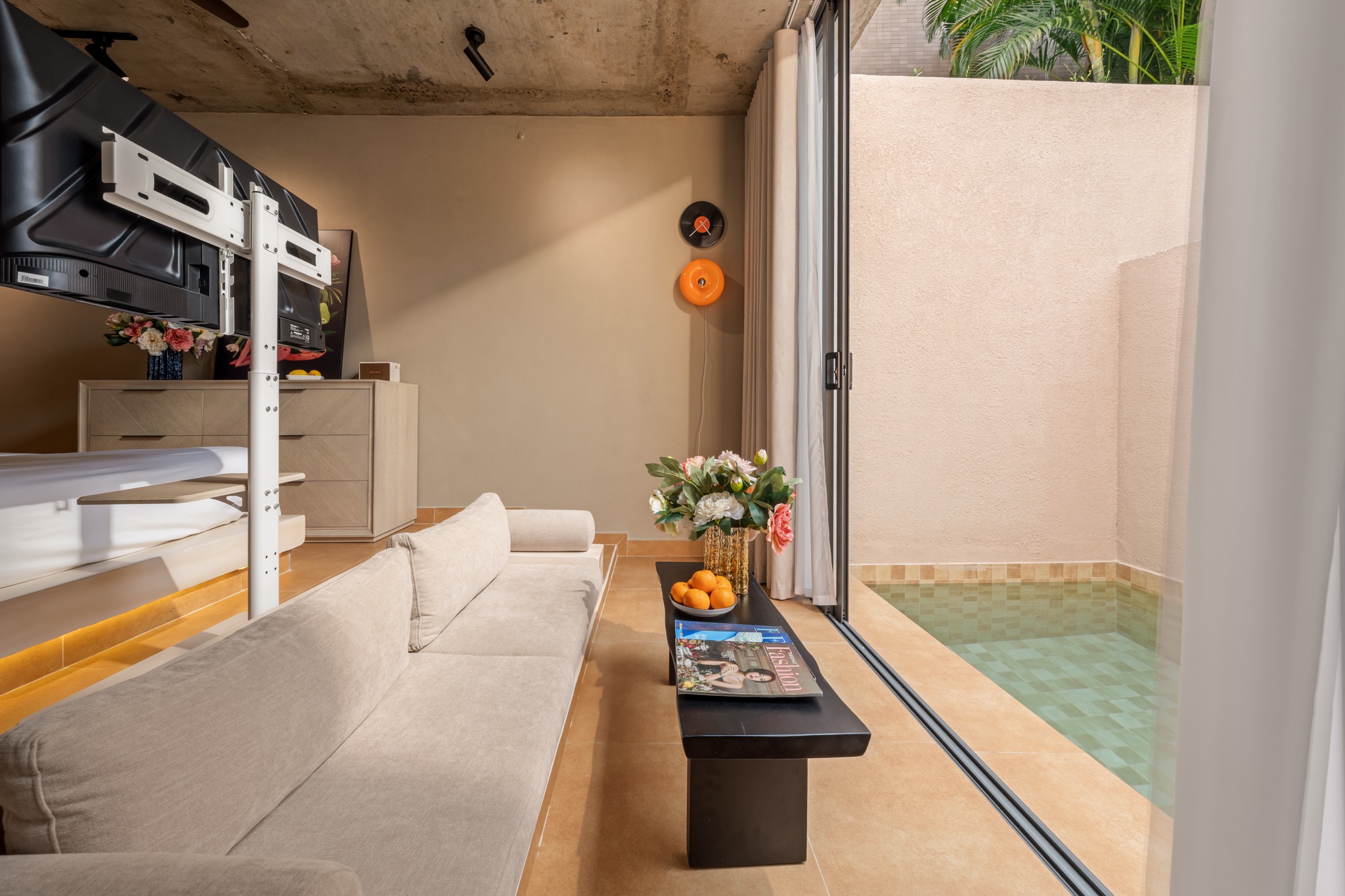 View from the bedroom to the private pool